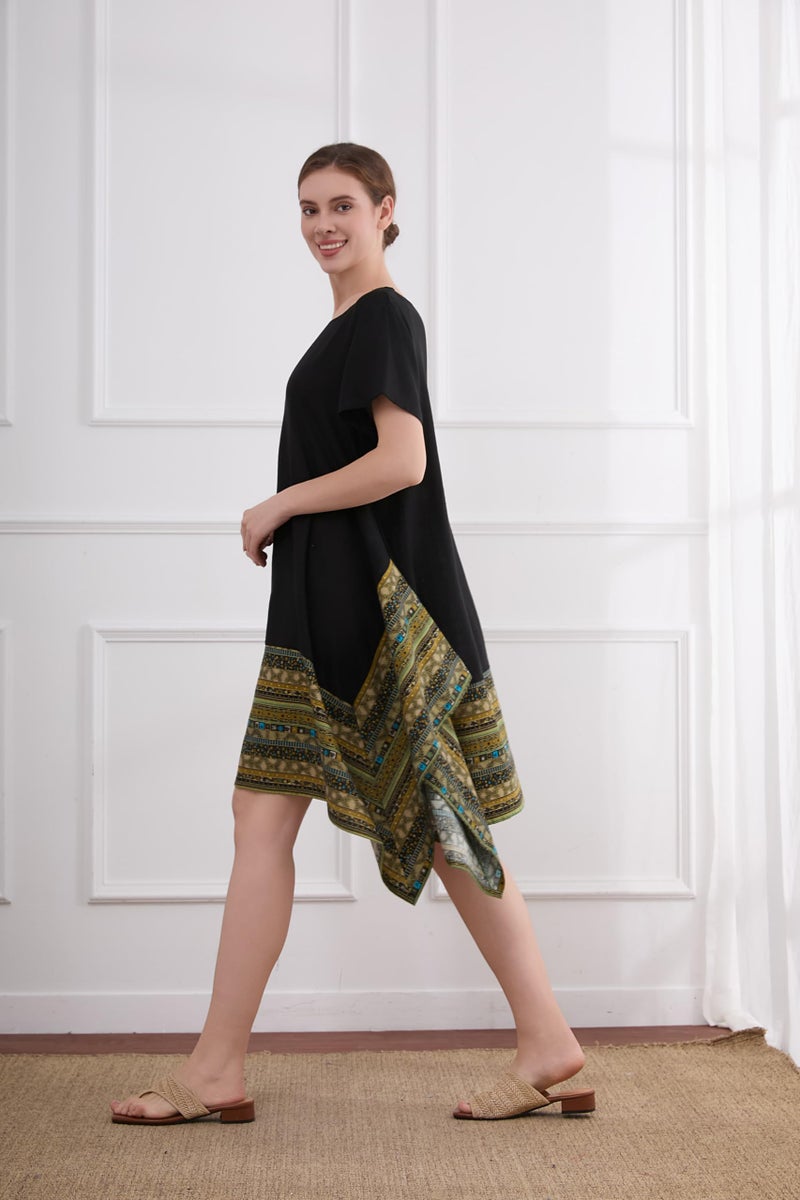 Minibee Women's Ethnic Cotton Linen Short Sleeves Irregular Tunic Dress (2XL, Black) - Image 3